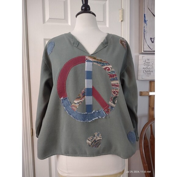 Custom Sweatshirt Upcycled OOAK Patchwork Peace Symbol Boho Cottage Prairie - Picture 1 of 10